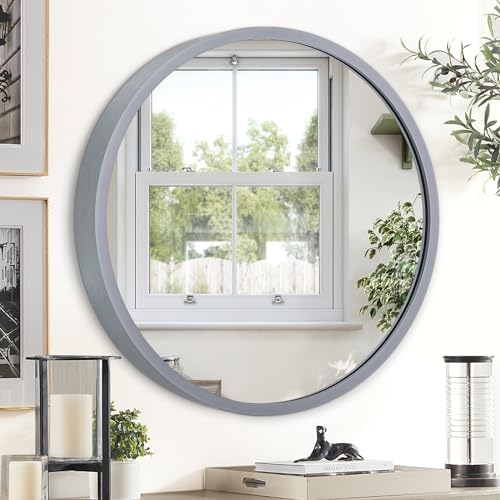 JJUUYOU Wall Round Mirror Wall Mounted Circle Mirrors, Gray Metal Aluminum Alloy Frame Mirror for Bathroom Vanity, Bedroom Home Decor Mirros