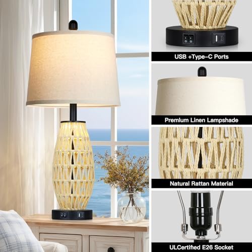 CINSARY 27“ Beige Boho Rattan Table Lamps with Night Light, Natural Bedroom Lamps Set of 2 with USB A+C Charging Ports, Rustic Farmhouse Woven Wicker Bedside Nightstand Lamp for Living Room End Tab