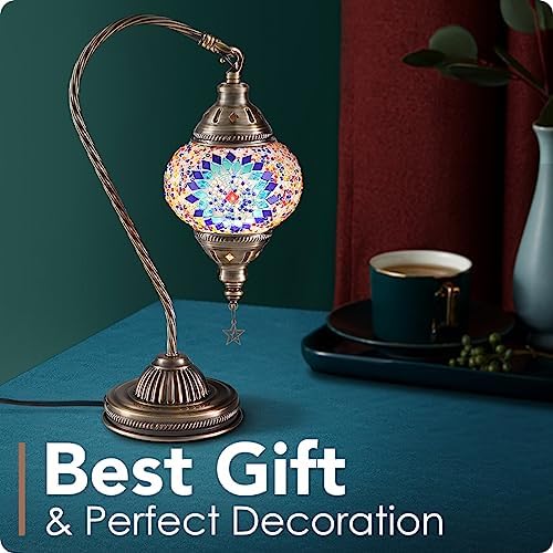 Yarra-Decor Turkish Moroccan Lamp with Bronze Base 3 Color Options Handmade Swan Neck Mosaic Glass Bedside Lamps for Bedroom (LED Bulb Included)(Blue1)