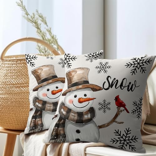 Snowman Throw Pillow Cover Christmas Pillowcase 24x24 Inch Set of 2 Snowflake and Red Cardinal Bird Decorative Cushion Cover Winter Holiday Pillow Protector for Home Sofa Bedroom Decor