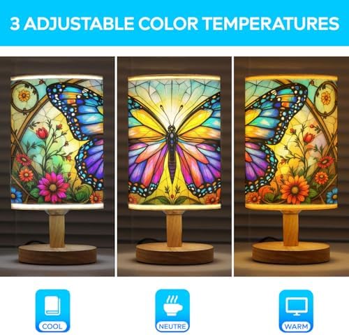 Butterfly Table Lamp LED 3-Color Pressed Bedside, Butterfly Shade Lamp with Wood Base for Bedroom Living Room Desk Office TL01