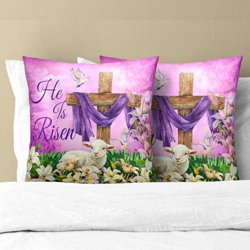He is Risen Cross Christian Throw Pillow Covers 24''x24'' Set of 2 Easter Spring Pillowcase Religious Lily Floral Lamb Cotton Square Cushion Case Happy Holiday Pillows Protector for Home Sofa