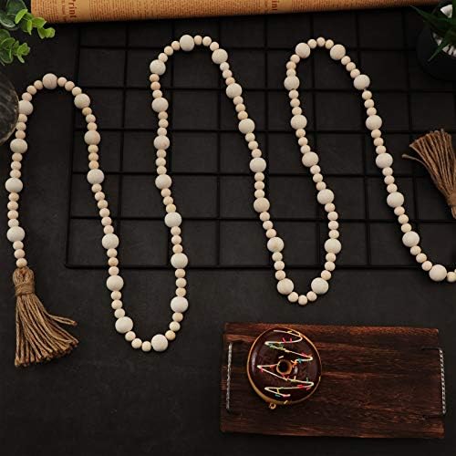 Jetec 7.9 Feet Wood Beaded Garlands with Tassels Christmas Hanging Ornaments Boho Farmhouse Decor Xmas Rustic Wooden Beads Garland for Christmas Table Wall Hanging Decor(Wood Color)