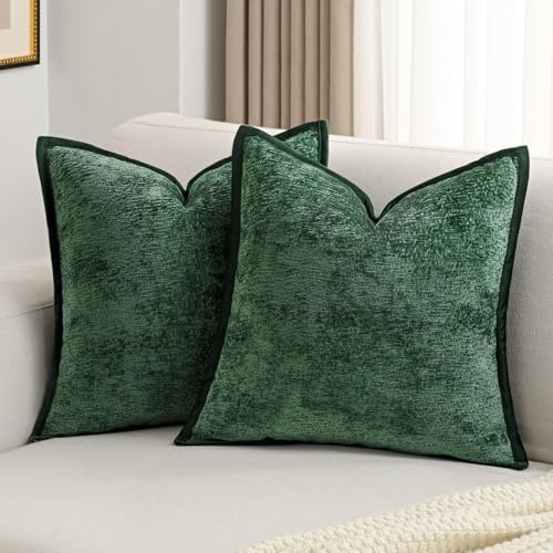 FUTEI Pack of 2 Chenille Soft Throw Pillow Covers 16x16 Inch, Dark Green