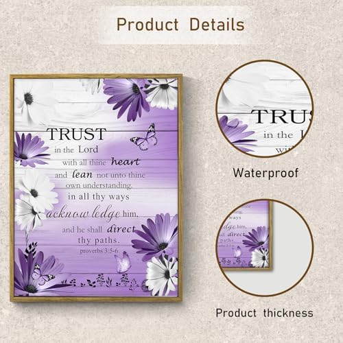 LB Purple Floral Wall Art for Bathroom Bible Verse on Vintage Grey Wood Framed Canvas Wall Art Wall Paintings Home Decor Daisy Wall Pictures for Living Room Bedroom Office Ready To Hang,12x17 Inch