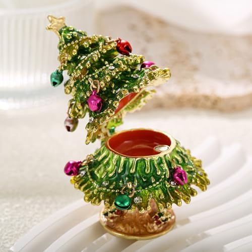 Hand Painted Christmas Trinket Box for Home Decor Accents, Enamel Hinged Jewelry Box for Bookshelf Office Table Desk Decor, Classical Figurine Collectible Keepsake Sculptures (Green Christmas Tree)