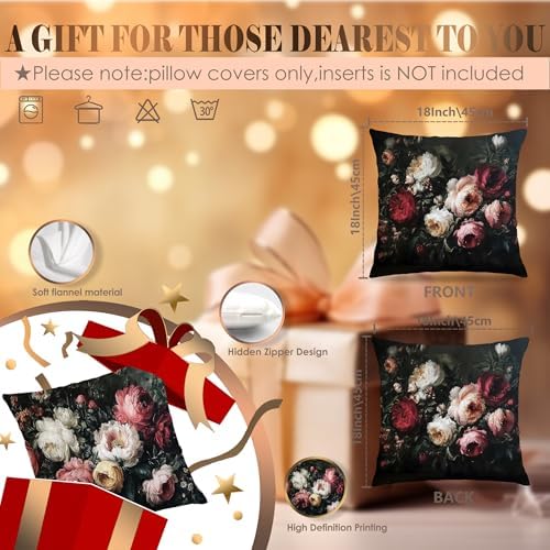 Vintage Moody Dark Antique Vintage Floral Pillow Cover 18x18 Set of 4 Double-Sided, Rustic Gothic Moody Flower Botanical Decorative Throw Pillow Cover for Home Bedroom Living Room