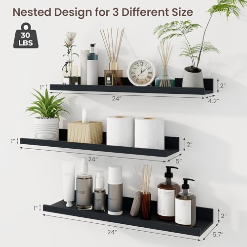 Axeman Picture Ledge Shelf, 24 Inch Black Floating Shelves Set of 3