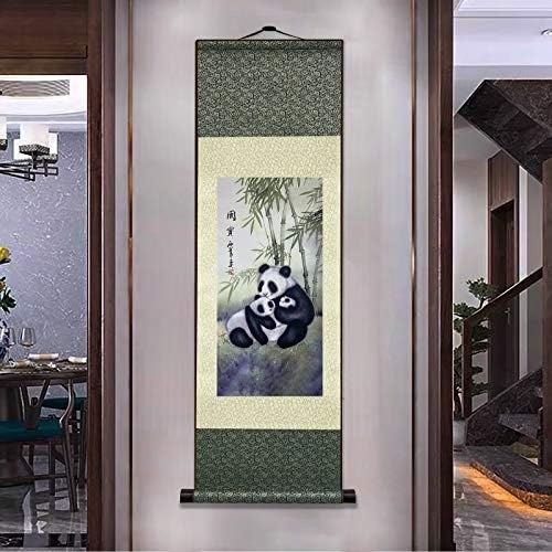 AtfArt Asian Wall Decor Beautiful Silk Scroll Painting Chinese Panda National Treasure Oriental Decor Chinese Art Wall Scroll Wall Hanging Painting Scroll (36.2 x 12 in)
