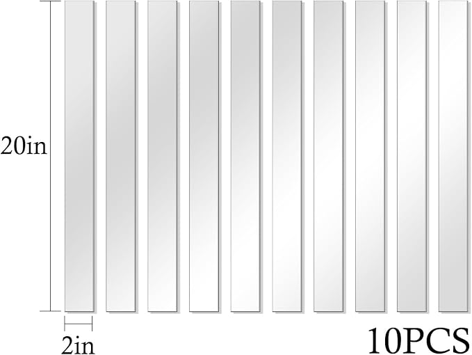 Mirror Tiles, 2''x20''Mirror Tiles Self Adhesive Stripe Wall Mirror Stickers (Not Glass) Removable Long Acrylic Frameless Mirror Sheets for Home Living Room Bedroom DIY Decor (10Pcs)