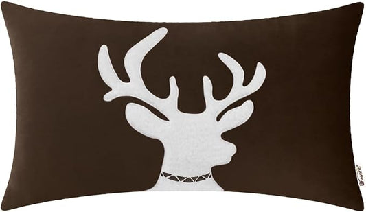 BRAWARM Christmas Pillow Cover 12 X 20 Inches, Coffee Reindeer Embroidered Lumbar Pillow Cover, Soft Velvet Decorative Throw Pillow for Couch Bed Sofa Living Room Home