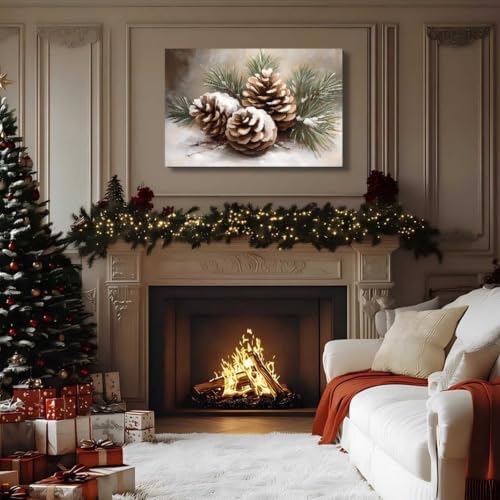Framed Christmas Wall Decor for Living Room 8x12inch, Vintage Pinecone Still Life Canvas Print, Rustic Winter Snow Scene Pictures Artwork, Farmhouse Season Wall Art for Home Decor