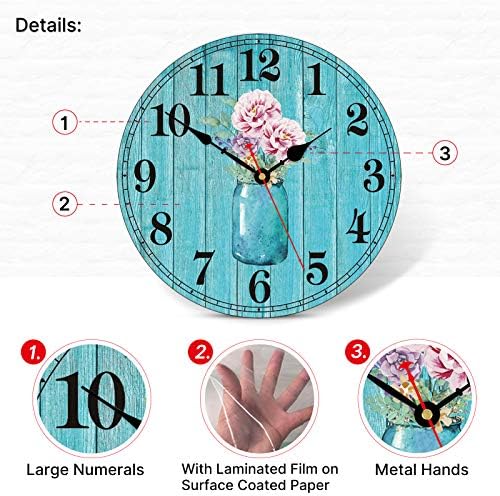 TAHEAT 14 Inch Flowers in Bottle Pattern Wall Clock, Retro Vintage Floral Silent Non Ticking Wooden Clocks, Decorative Easy to Read for Kitchen Living Room Bedroom Bathroom Office Decor