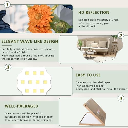 16 inch Decorative Scalloped Circle Mirror for Wall Decor | High Clear Glass Round Wavy Mirror with Double-Sided Taps, Frameless Squiggle Mirror for Bathroom, Bedroom, Living Room