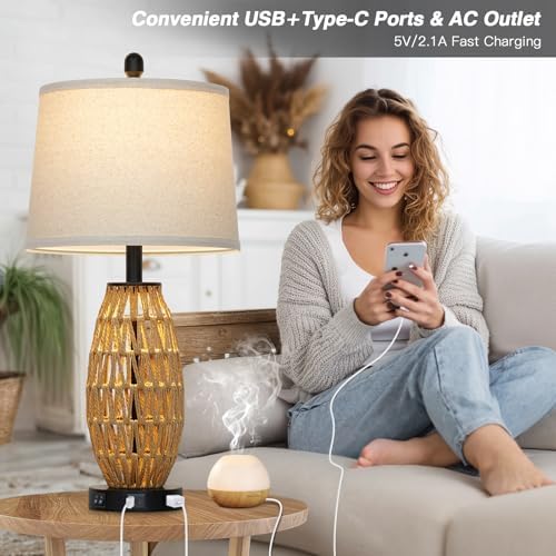 27" Rattan Table Lamps Set of 2, Boho Wicker Lamp with Night Light, Bedside Lamps for Bedroom with USB A+C Charging Port & AC Outlet, Farmhouse Coastal Woven Lamp for Nightstand Living Room