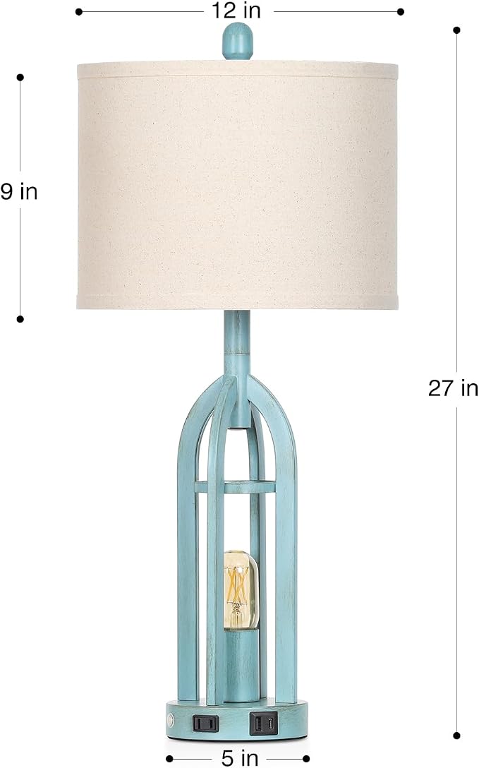 Cinyirong 27" Industrial Farmhouse Table Lamp,Vintage Rustic Blue Beside Lamp with USB A+C Charging Ports & AC Outlet, Metal Nightstand Lamp with LED Night Light for Bedrooms (2 LED Bulbs Included)