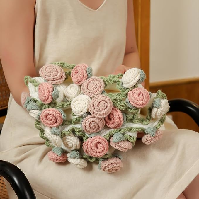 Crochet Flower Bouquet Throw Blanket, Handmade Knitted Blanket with Rose Flowers, Cute Romantic Gift for Her Girlfriend Mom Mother’s Day Valentine Wedding Anniversary Birthday (Without Packaging Bag)
