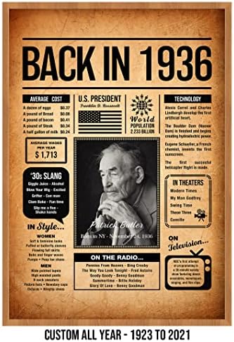 Back in 1936 Poster Sign, Personalized Birthday Gifts Idea, Custom 1936 Historical Birthday Newspaper, Born in 1936 Birthday Party Decorations, Fun Fact for the Day You Were Born, Decor Art Print