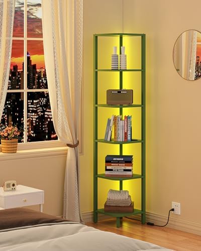 TUTOTAK Corner Shelf with LED Light, 6-Tier Corner Bookshelf