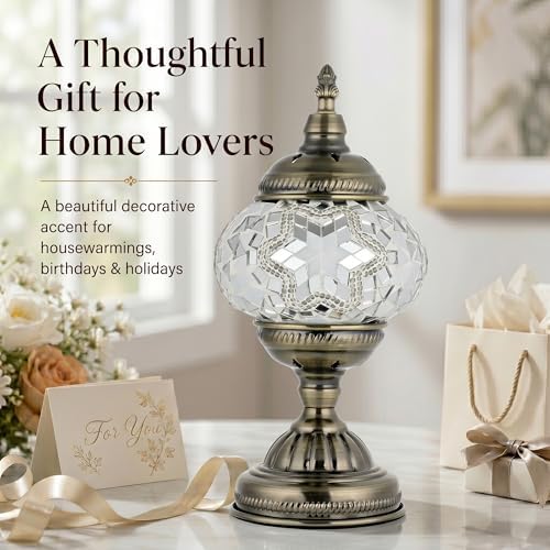 GOGERS Turkish Moroccan Table Lamp Lantern with Handmade Mosaic Glass Lampshade Tiffany Style Bohemian Stained Glass Decorative Desk Lamps Bedside Night Lights for Bedroom (White 2)