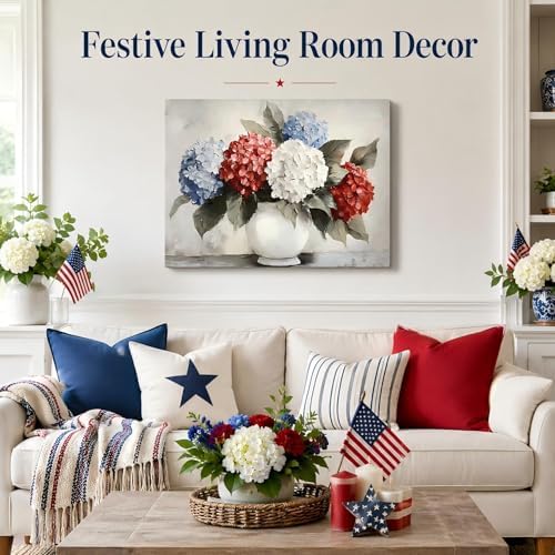 RIBNTAK Patriotic Hydrangea Wall Art USA Red White Blue Flower Vase Print Pictures Wall Decor Canvas Painting Artwork Decorations for Bedroom Bathroom Kitchen Living Room,Made in USA