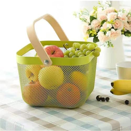 AJIODA Metal Mesh Steel Basket, Storage Organizer Basket Multi-functional Hanging Kitchen Baskets Fruit Basket with Wooden Handle for Kitchen Bathroom Picnic Shopping Decor Cabinet Home, Macaron Green
