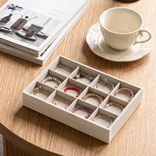 Byken 2 Pcs Bracelet Organizer Dish Tray,Stackable Jewelry Organizer Trays for Drawer,12 Grids Bracelet Jewelry Displays for Selling (Beige)