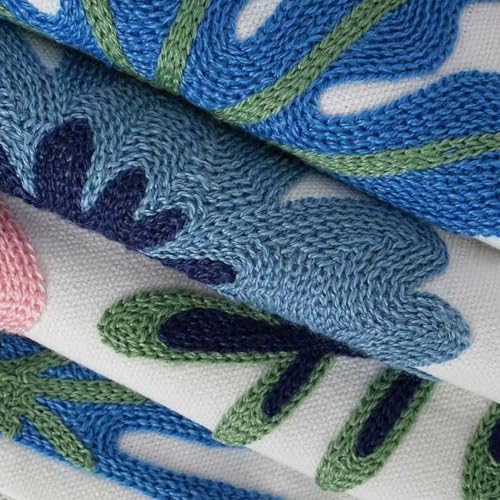 Embroidered Floral Boho Throw Pillow Cover 18x18 Inch - Decorative Cotton Pillow Case for Couch, Sofa, Bedroom, Living Room - Farmhouse Home Aesthetic Housewarming Gifts (Blue Serenity, 18" x 18")
