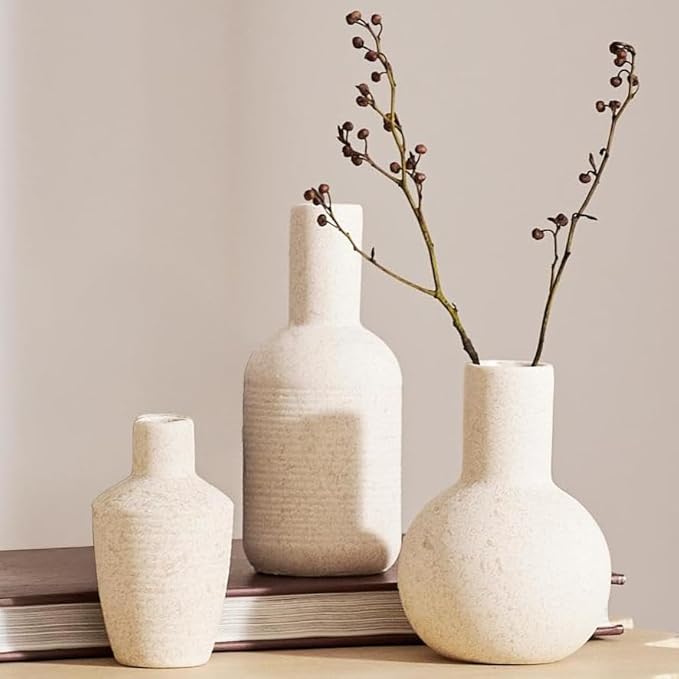 DN DECONATION Flower Vase Set of 3, Small Boho Vases for Table Home Decor | Rustic Farmhouse, Ceramic Vase for Pampas Grass, Dried Fresh Flowers, Modern Decorative Vases for Living Room, Bedroom, Shelf