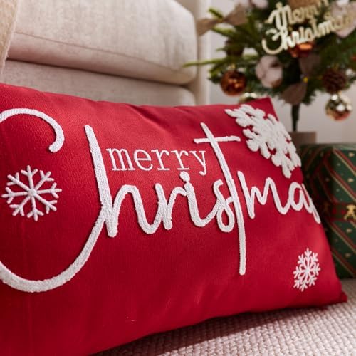 Merry Christmas Pillow Covers 12x20 Inch Embroidery Snowflake Xmas Decorative Lumbar Throw Pillow Cover Winter Holiday Pillow Case Cushion Cases for Sofa Couch Living Room Decorations Red