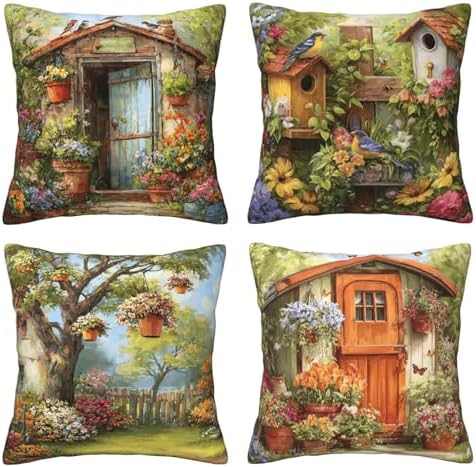 Garden Floral Vintage Throw Pillow Covers Set of 4 Decorative Soft Double Sided Print Pillow Case Farmhouse Home Decor for Living Room Sofa Couch 18x18