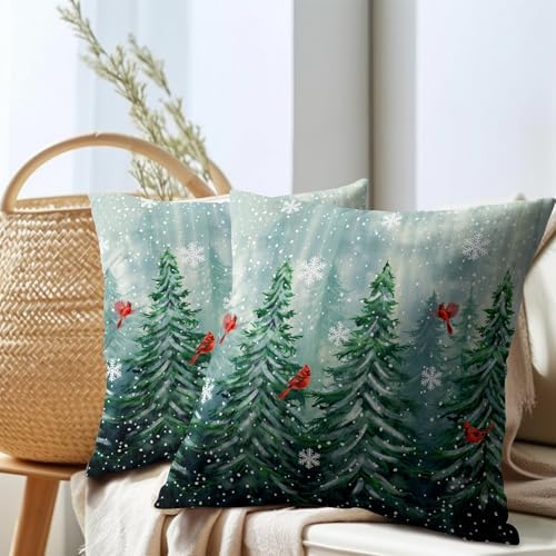 Watercolor Tree Throw Pillow Cover 22x22 inch Set of 2 Christmas Dark Green Trees Pillowcases Winter Red Bird Snowflake Decorative Cushion Covers Rustic Forest Pillow Protector for Home Sofa