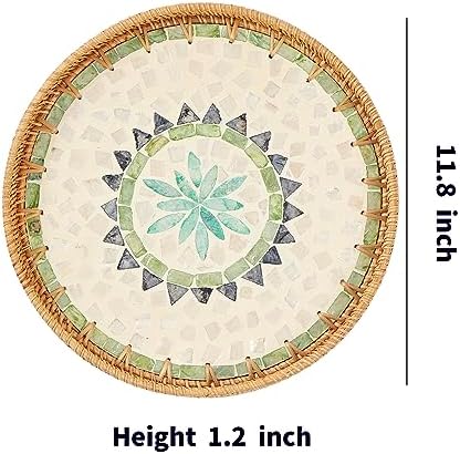 Kmelep Round Rattan Tray with Mother of Pearl Inlay, Rattan Serving Tray with Wooden Base, Decorative Wicker Basket for Table Decor, Storage and Display of Coffee Bread Food Fruit (Bohemia)