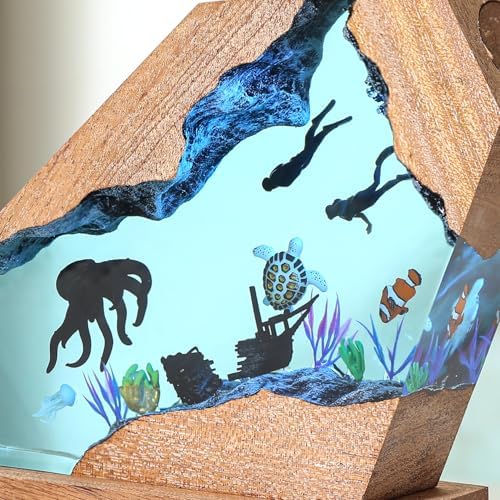 Handcrafted Octopus Resin Lamp, RGB Ocean Lamp with Wooden Base