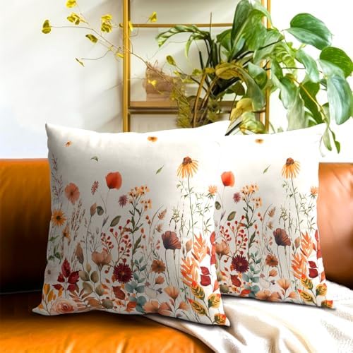 Fall Floral Throw Pillow Covers 18x18inch Set of 2 Autumn Flowers Harvest Pillowcase Wildflower Thanksgiving Farmhouse Seasonal Decorative Cushion Cases for Home Sofa Patio
