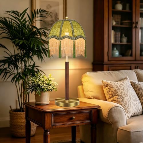 Vintage Table Lamp Dimmable Bedside Lamps With Victorian Fringe,Gold Small Wood Retro Desk Tall Table Light Green Mid Century Modern Nightstand Table Lamp for Bedroom Living Room