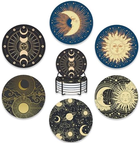 Drink Coasters Set of 6 with Holder,Gold Sun Moon Clouds Stars Absorbent Ceramic Coasters with Cork Base,Fit All Cups,Tabletop Protection Mat for Mugs and Cups,Office,Kitchen