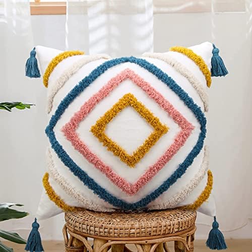 JASEN Throw Pillow Covers 20x20, Boho Pillow Cover with Tassels Woven Tufted Decorative Pillow Cover for Couch Sofa Bedroom Living Room (Blue, 20"x20")