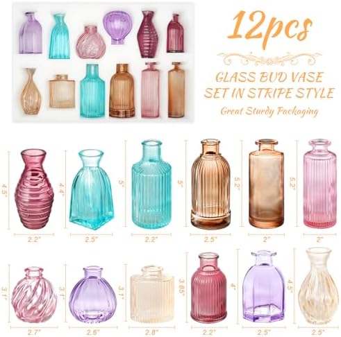 12PCS Mixed Colored Bud Vases Colorful Vintage Flower Vase for Centerpieces | Small Glass Vases for Flowers Aesthetic Glass Bottles Bulk Wedding Party Home Decorations Gifts