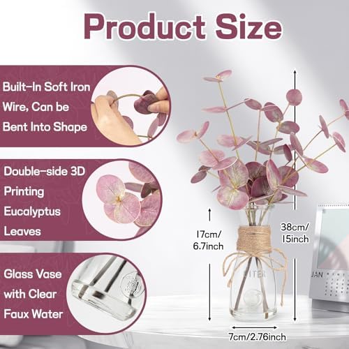 Artificial Eucalyptus Stems in Glass Vase with Faux Water, 15" Realistic Fake Plants for Bathroom Counter Decor, Small Faux Greenery for Coffee Table Centerpieces, Office Desk and Shelf Decor