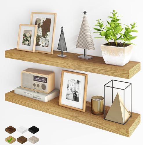 Fun Memories Floating Shelves for Wall, 36Inch Floating Shelves Set of 2, Hanging Shelf with Invisible Brackets, Bathroom Shelves for Living Room, Bedroom, Kitchen- Oak