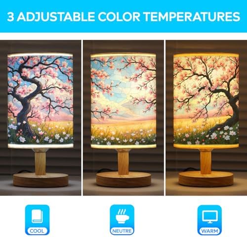Cherry Blossom Field in Full Bloom Table Lamp LED 3-Color Pressed Bedside, Cherry Blossom Field in Full Bloom Shade Lamp with Wood Base for Bedroom Living Room Desk Office TL01