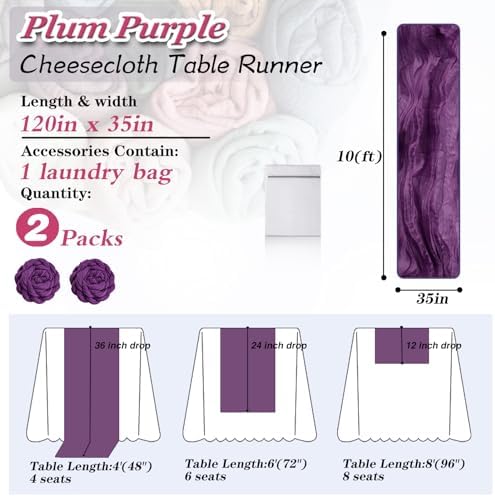 Plum Purple Cheesecloth Table Runner 2 Pack 35" Boho Gauze Table Runner 120 inches Long Runner Rustic Sheer Fabric Bulk for Baby Shower Wedding Bridal Birthday Party Table Decorations