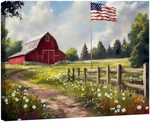 RIBNTAK Farmhouse Red Barn & American Flag Canvas Print, Rustic Wildflower Meadow Patriotic Wall Art, 4th of July Holiday Decoration for Home, Office & Rustic Interiors, Made in USA