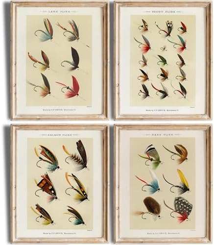 DREAM BIG PRINTABLES Vintage Fly Fishing Art Prints (Set of 4) - Unframed - 8x10 | Fishing Lure Wall Decor for Fisherman