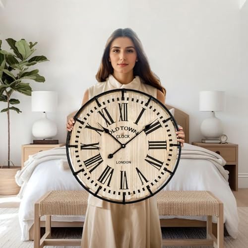 EMAX HOME Rustic Farmhouse Wall Clock 24 Inch, Vintage Oldtown London Wooden Large Clock with Silent Tick, for Bedroom, Office, Kitchen, Indoor Home Decoration