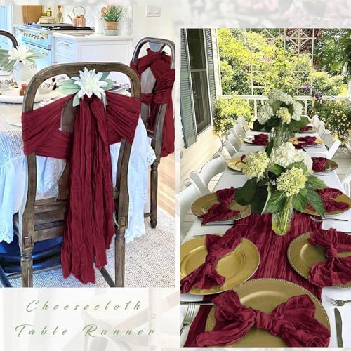 12 Pack Burgundy Red Cheesecloth Table Runner 17 x 108 Inch Gauze Table Runner Fabric Semi Sheer Cheese Cloth Table Decor Bulk for Rustic Romantic Wedding Baby Shower Table Decoration