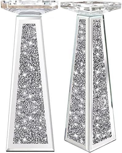 Wocred 2 Piece Candlestick Holders for Holding Pillar Candles, Crystal Crushed Diamond Candle Holders Set Decor for Dinning Room, Silver Glass Votive Candle Holders for Table Centerpiece(12”)