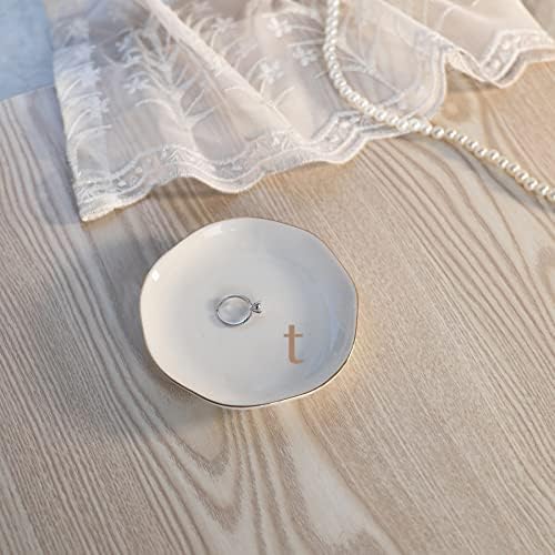 HOME SMILE Initials Ring Dish Jewery Tray with Personalized T-Monogrammed Engagement Wedding Gifts for Friends,Sister,Birthday Christmas Gifts for Women,Ceramic White