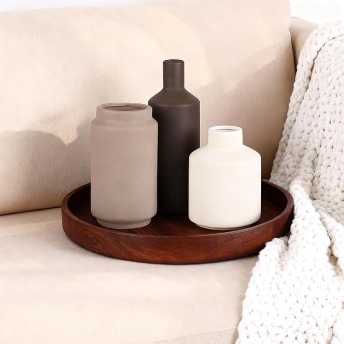 Neutral Ceramic Vase Set of 3 – Modern Decorative Vases, Small Flower Pottery Vase Sets, Boho Farmhouse Rustic Vases for Living Room, Kitchen, Bedroom, Bathroom, Shelf, Table